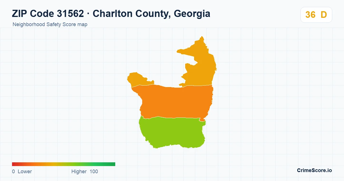ZIP Code 31562 in Charlton County, Georgia neighborhood Safety Score map