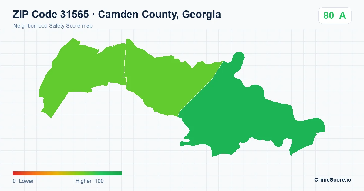ZIP Code 31565 in Camden County, Georgia neighborhood Safety Score map