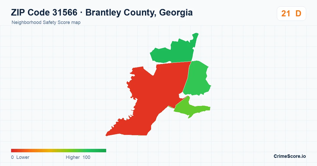 ZIP Code 31566 in Brantley County, Georgia neighborhood Safety Score map