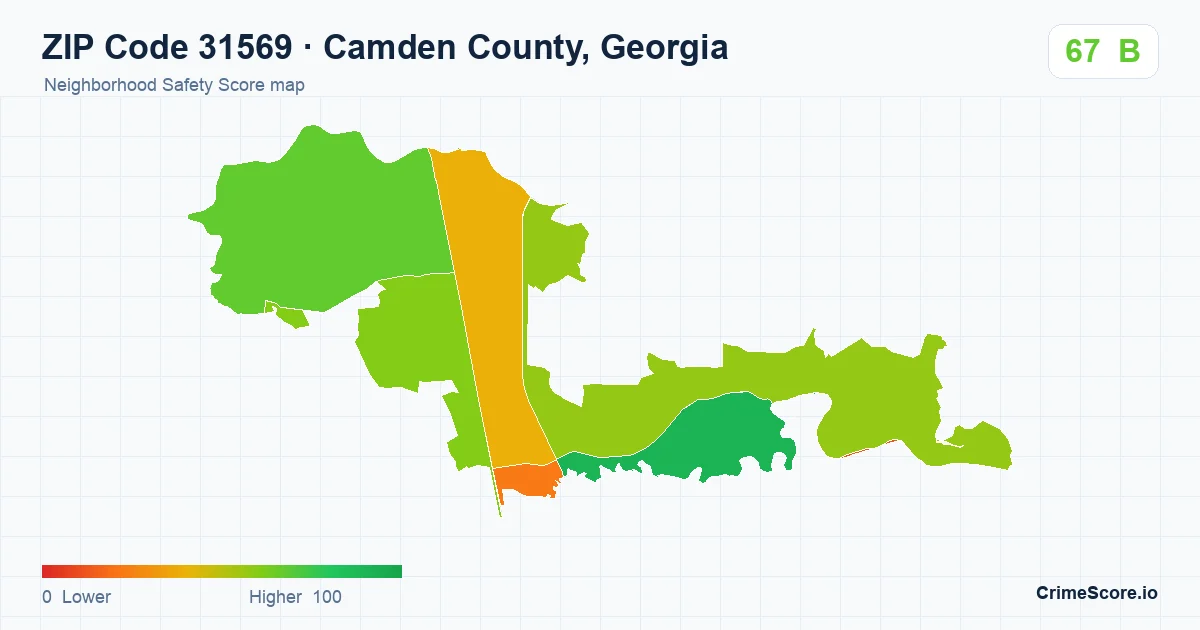 ZIP Code 31569 in Camden County, Georgia neighborhood Safety Score map