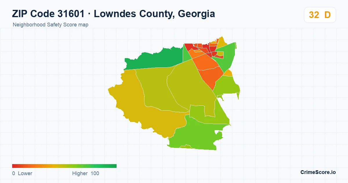 ZIP Code 31601 in Lowndes County, Georgia neighborhood Safety Score map