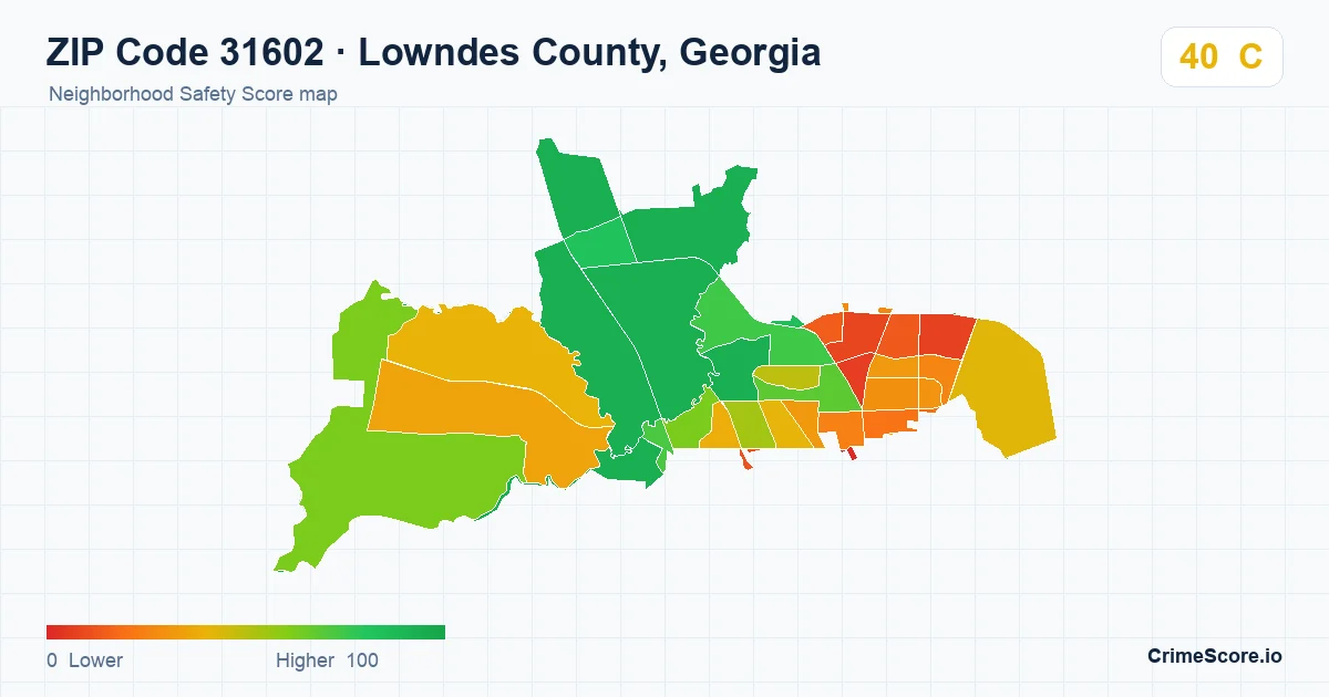 ZIP Code 31602 in Lowndes County, Georgia neighborhood Safety Score map
