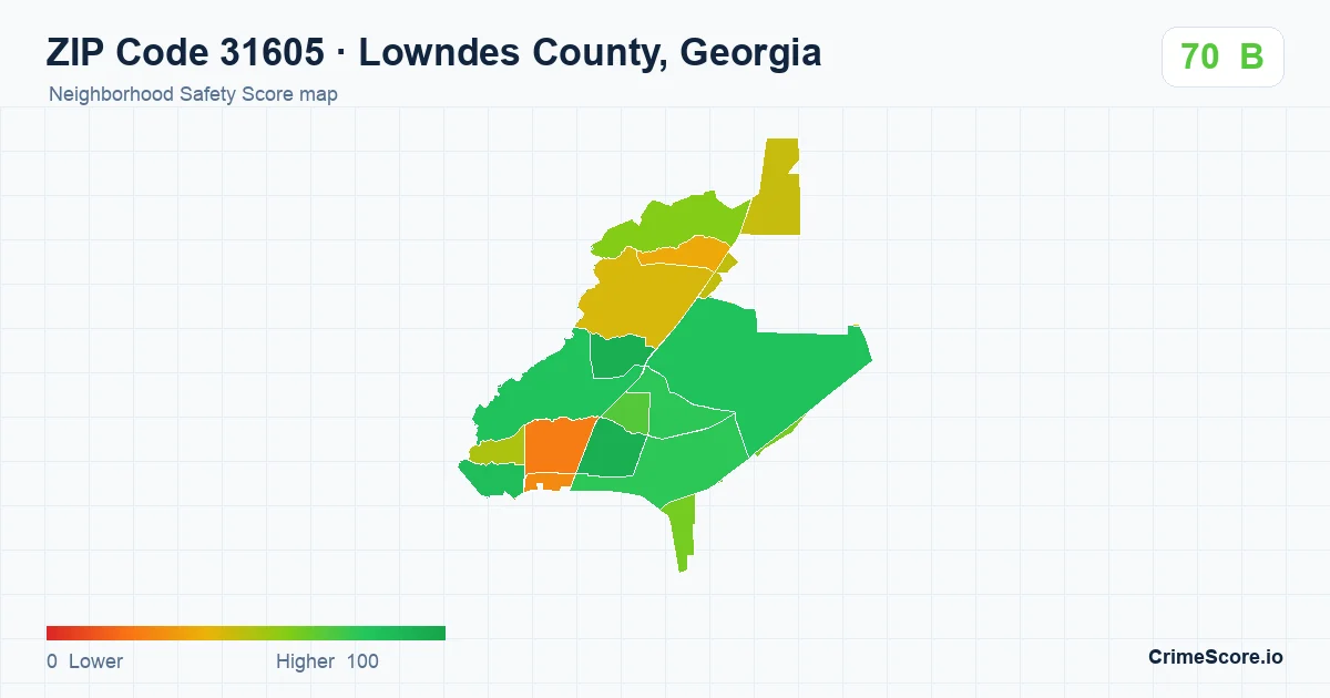 ZIP Code 31605 in Lowndes County, Georgia neighborhood Safety Score map