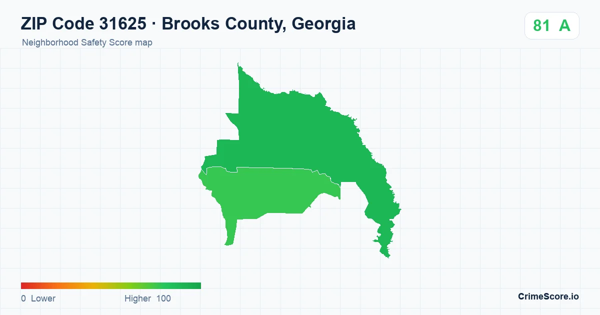 ZIP Code 31625 in Brooks County, Georgia neighborhood Safety Score map