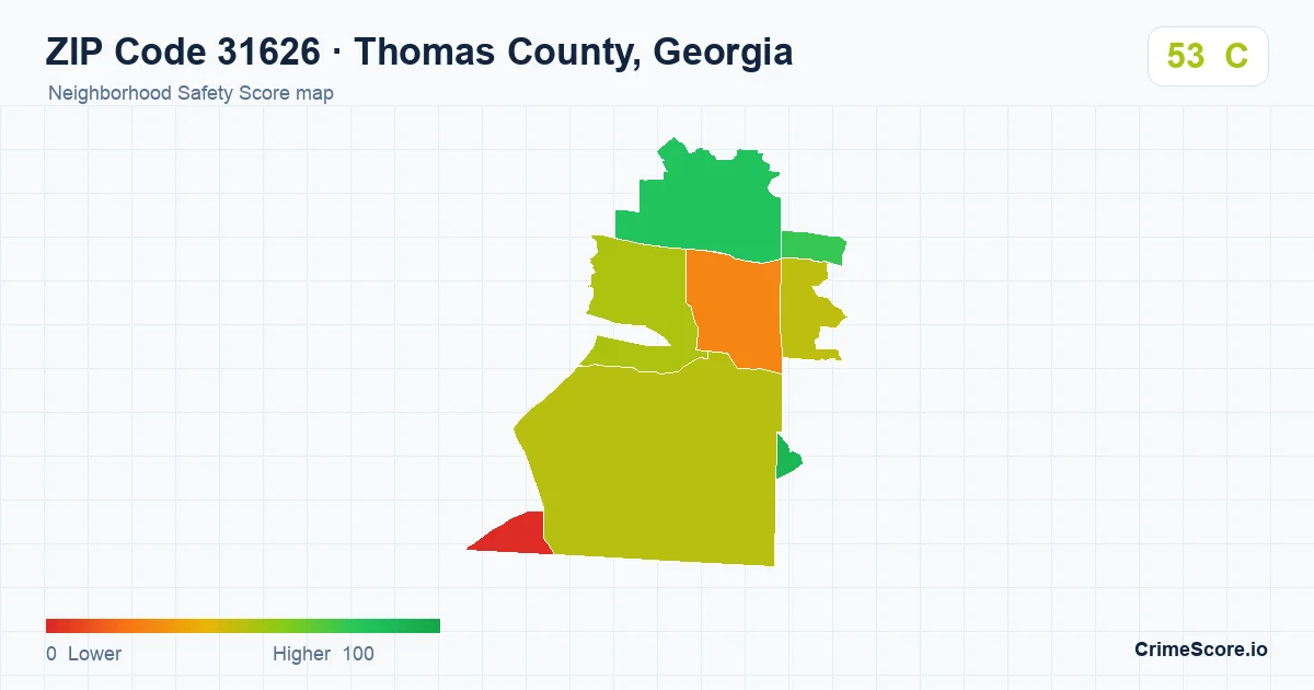 ZIP Code 31626 in Thomas County, Georgia neighborhood Safety Score map