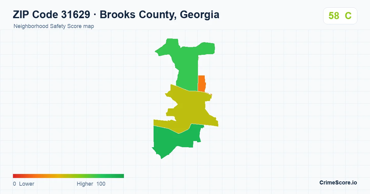ZIP Code 31629 in Brooks County, Georgia neighborhood Safety Score map