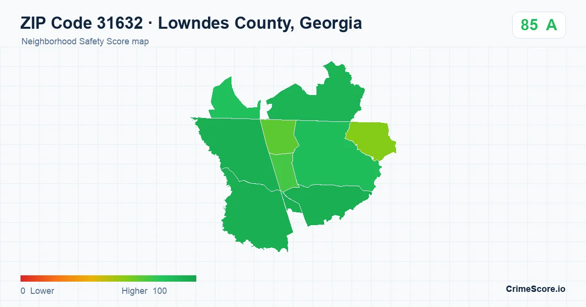 ZIP Code 31632 in Lowndes County, Georgia neighborhood Safety Score map