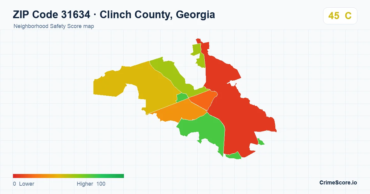 ZIP Code 31634 in Clinch County, Georgia neighborhood Safety Score map