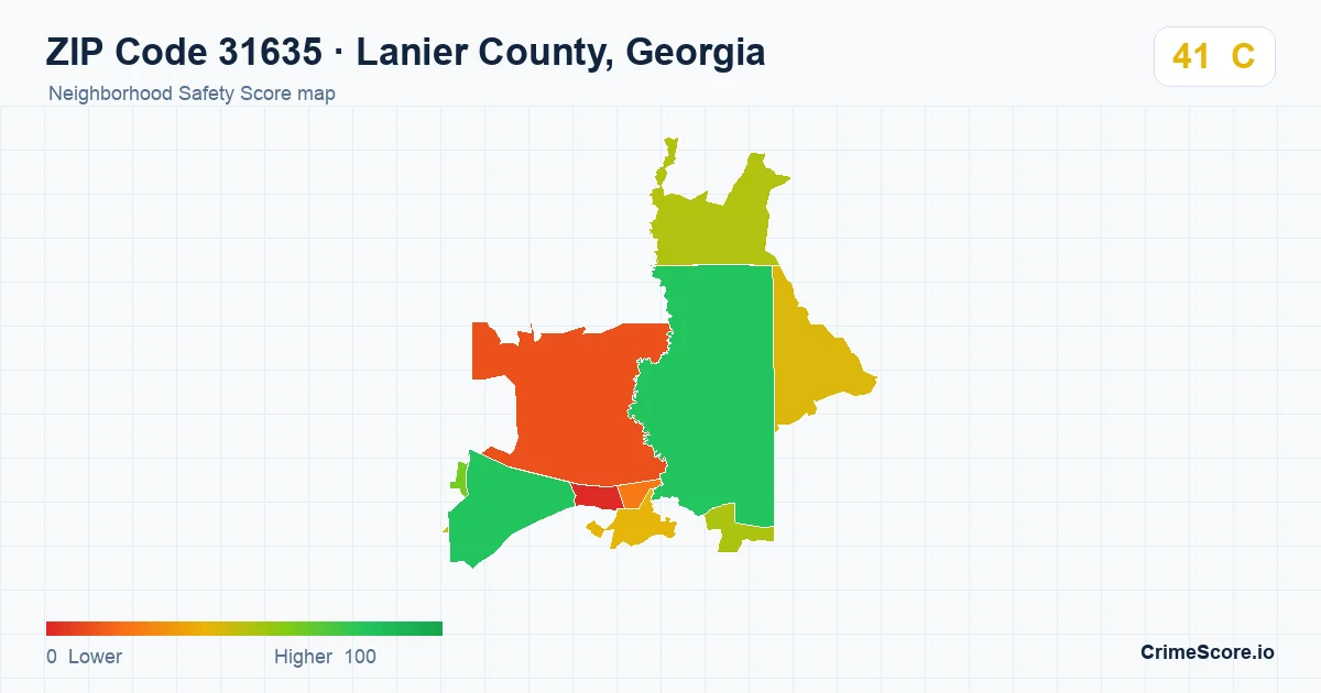 ZIP Code 31635 in Lanier County, Georgia neighborhood Safety Score map