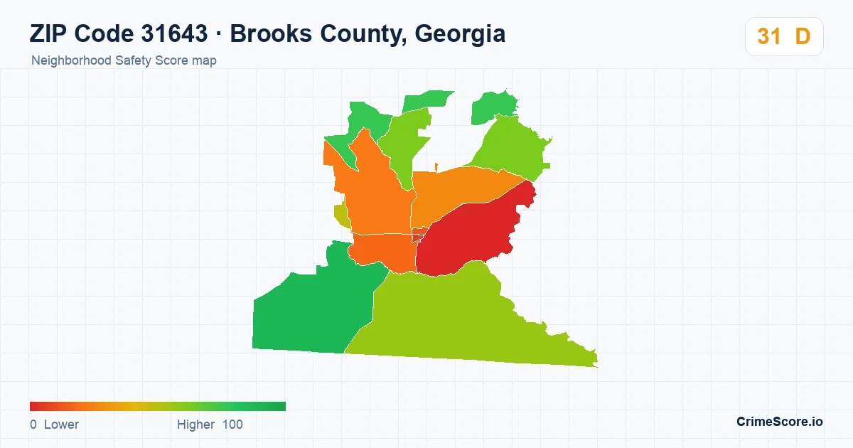ZIP Code 31643 in Brooks County, Georgia neighborhood Safety Score map