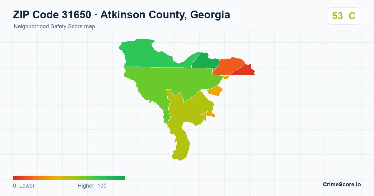 ZIP Code 31650 in Atkinson County, Georgia neighborhood Safety Score map