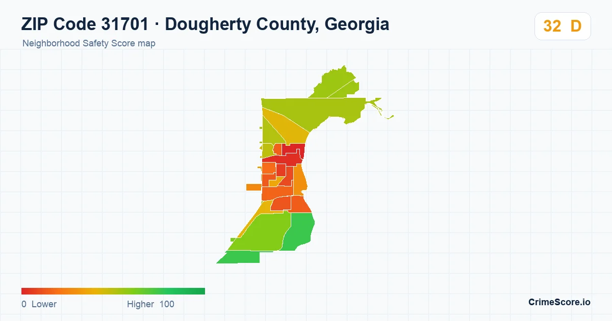 ZIP Code 31701 in Dougherty County, Georgia neighborhood Safety Score map