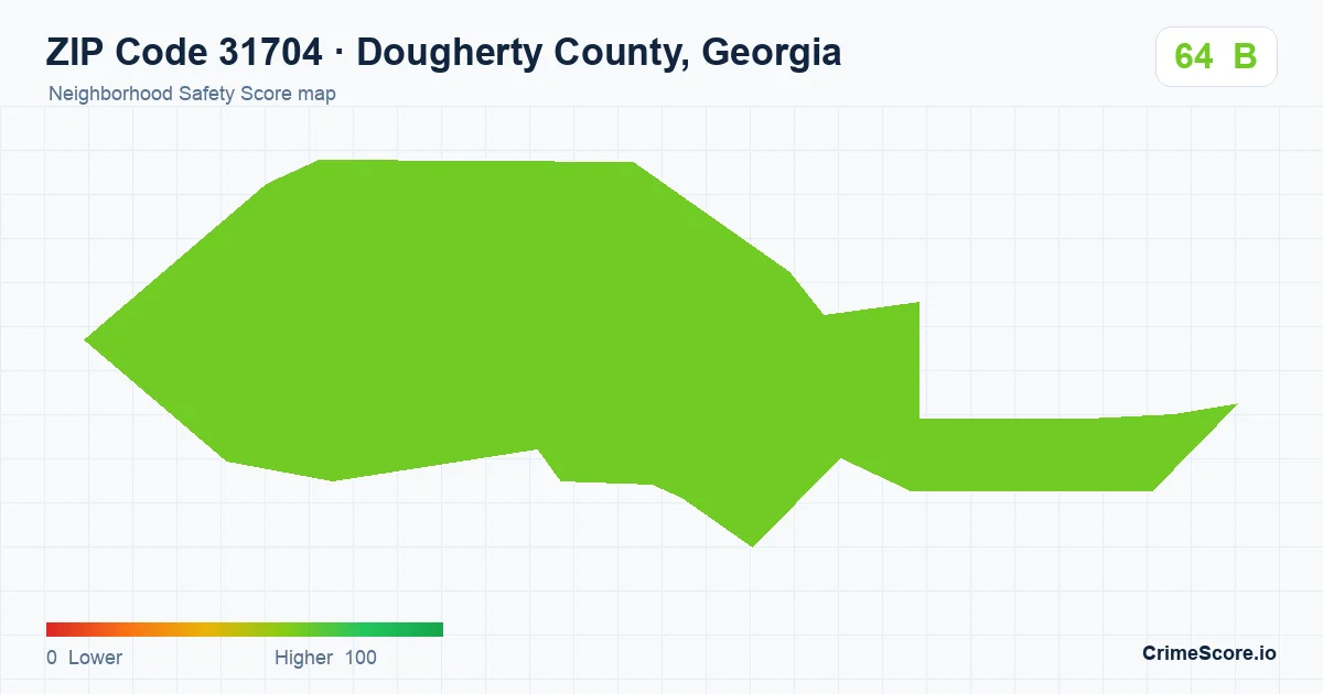 ZIP Code 31704 in Dougherty County, Georgia neighborhood Safety Score map
