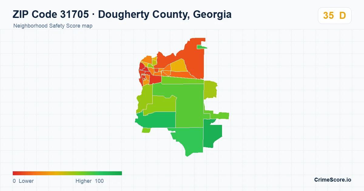ZIP Code 31705 in Dougherty County, Georgia neighborhood Safety Score map