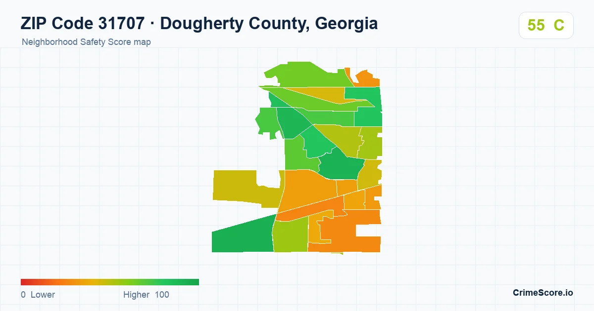 ZIP Code 31707 in Dougherty County, Georgia neighborhood Safety Score map