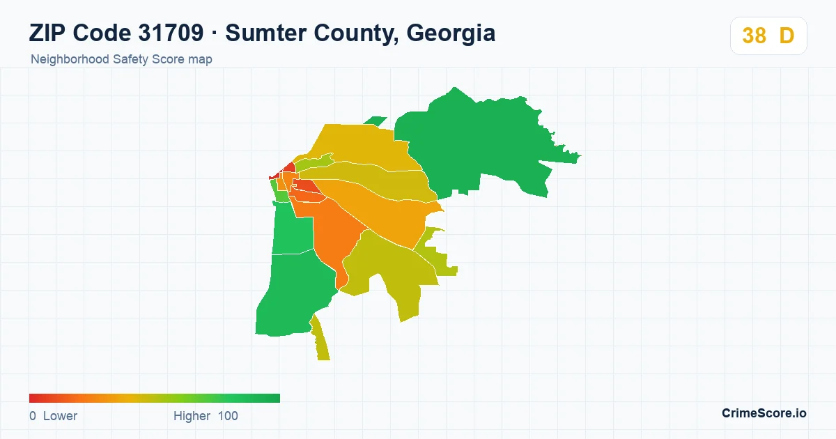 ZIP Code 31709 in Sumter County, Georgia neighborhood Safety Score map