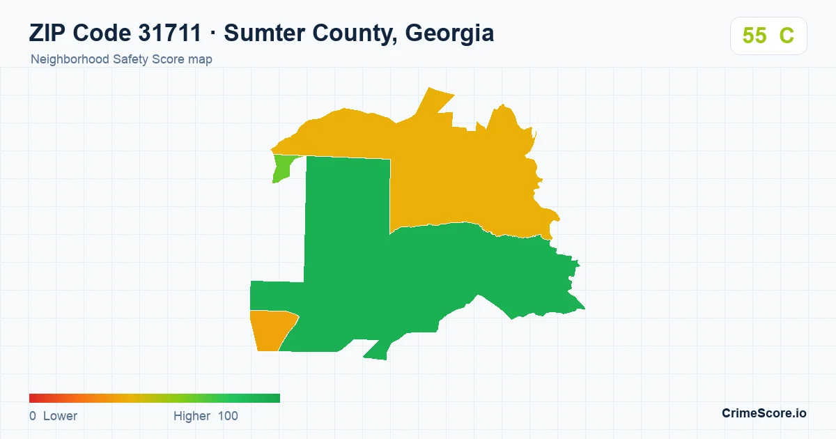 ZIP Code 31711 in Sumter County, Georgia neighborhood Safety Score map
