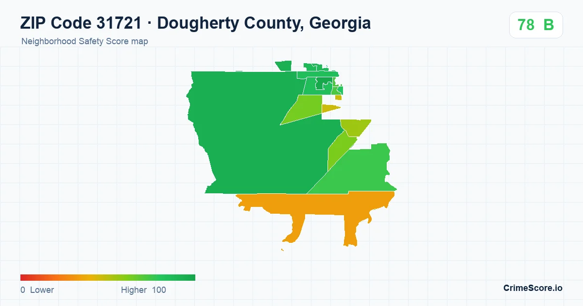 ZIP Code 31721 in Dougherty County, Georgia neighborhood Safety Score map