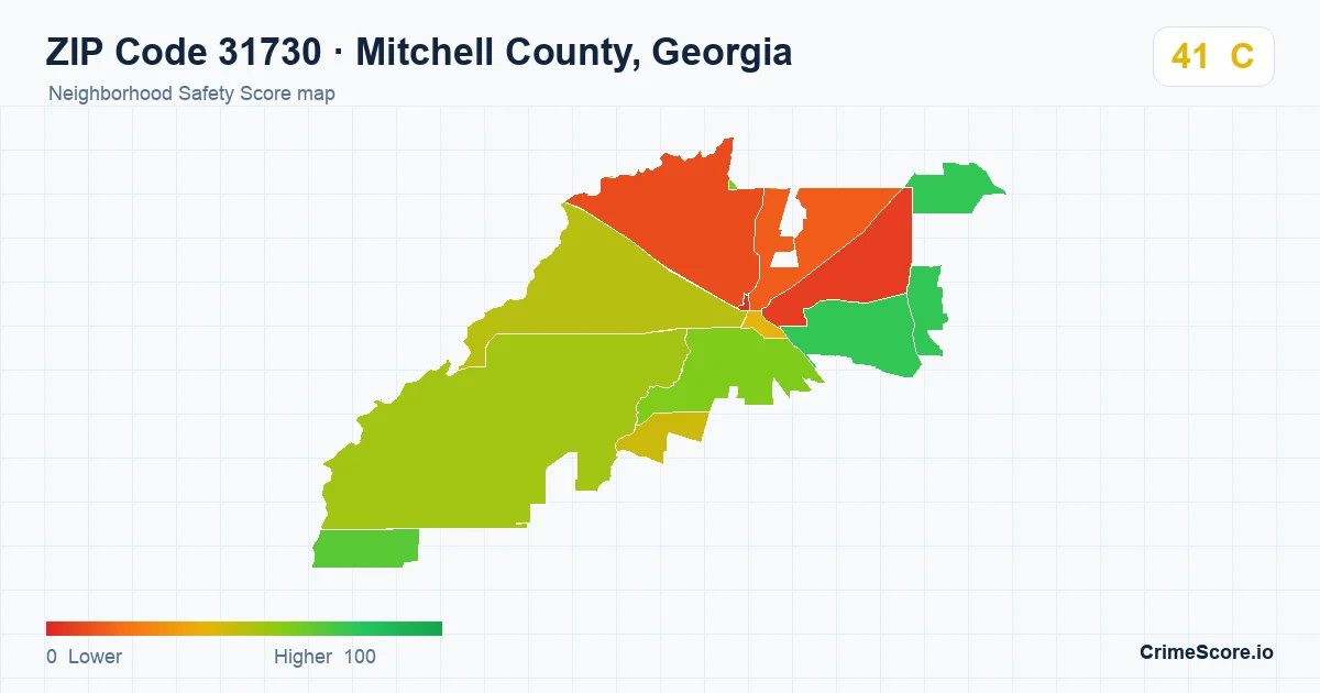 ZIP Code 31730 in Mitchell County, Georgia neighborhood Safety Score map