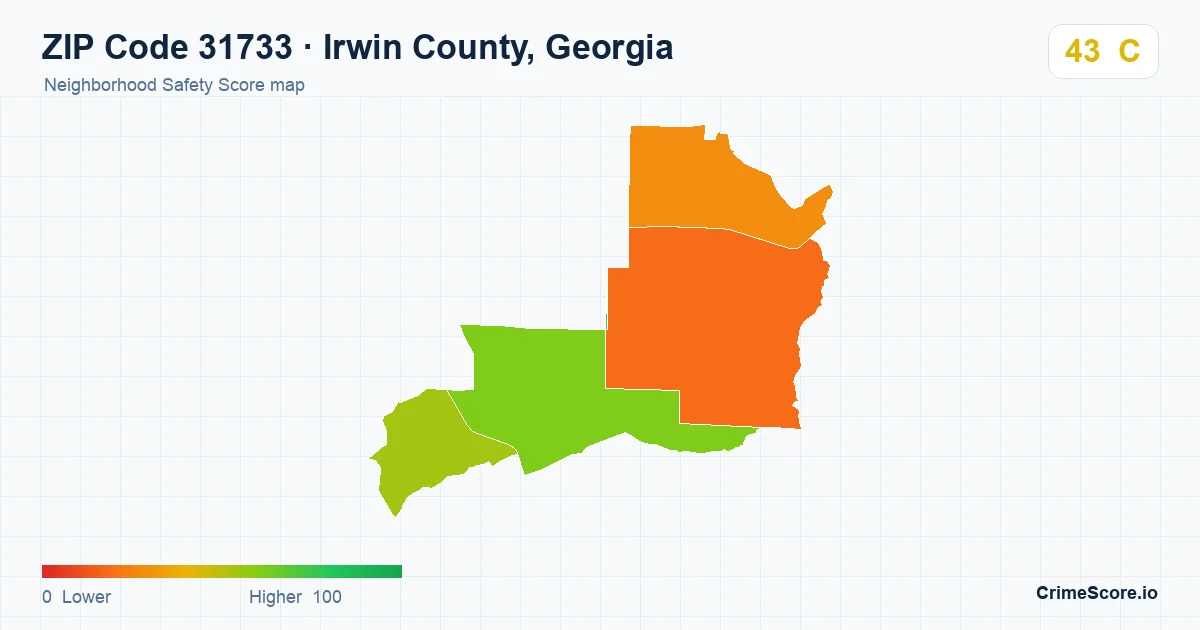 ZIP Code 31733 in Irwin County, Georgia neighborhood Safety Score map