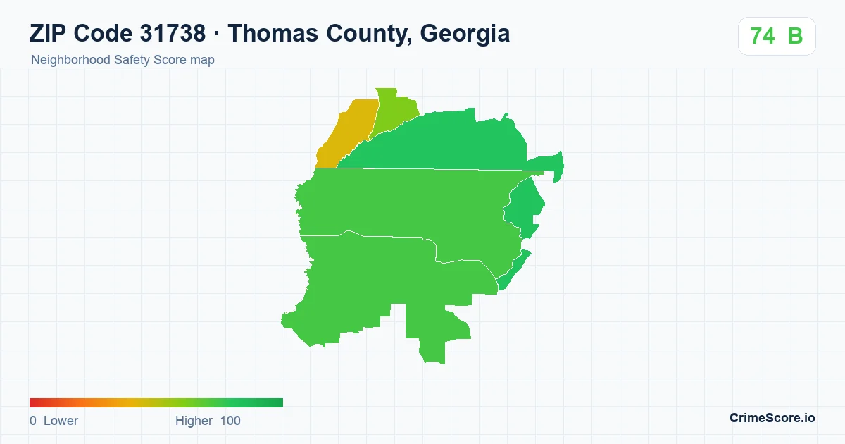 ZIP Code 31738 in Thomas County, Georgia neighborhood Safety Score map