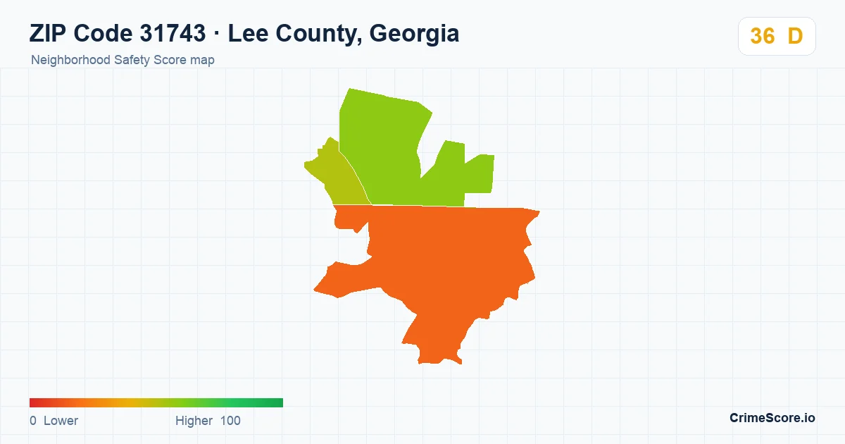 ZIP Code 31743 in Lee County, Georgia neighborhood Safety Score map