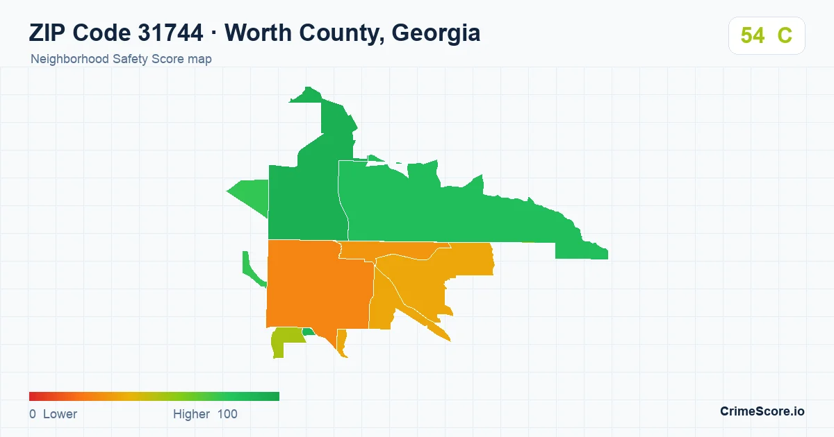 ZIP Code 31744 in Worth County, Georgia neighborhood Safety Score map