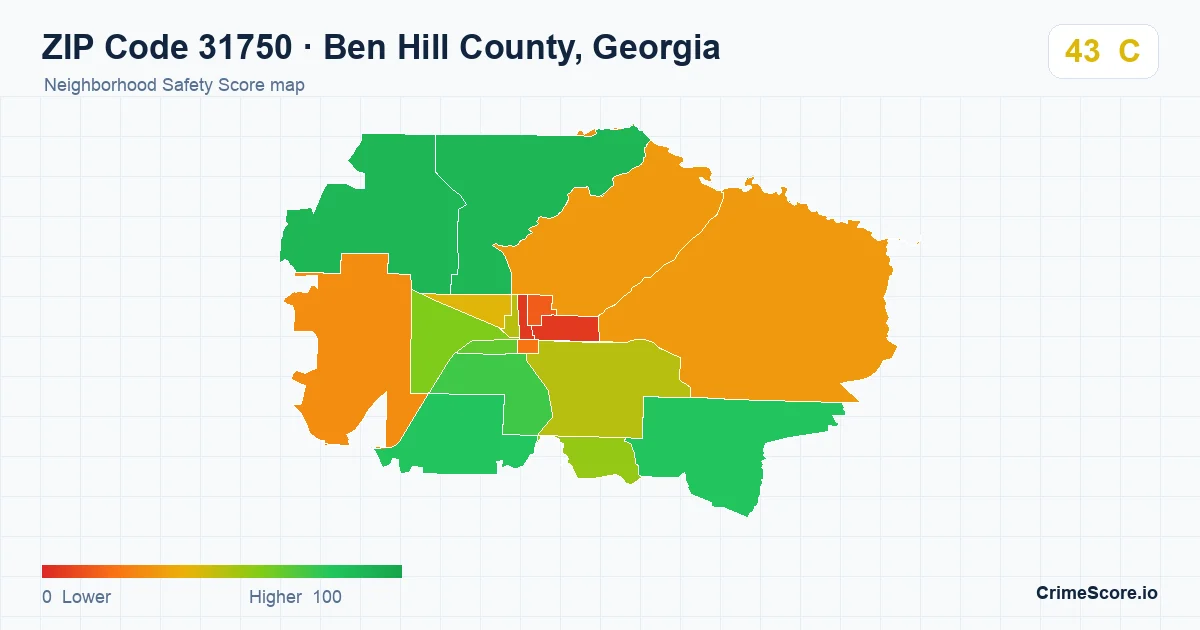 ZIP Code 31750 in Ben Hill County, Georgia neighborhood Safety Score map
