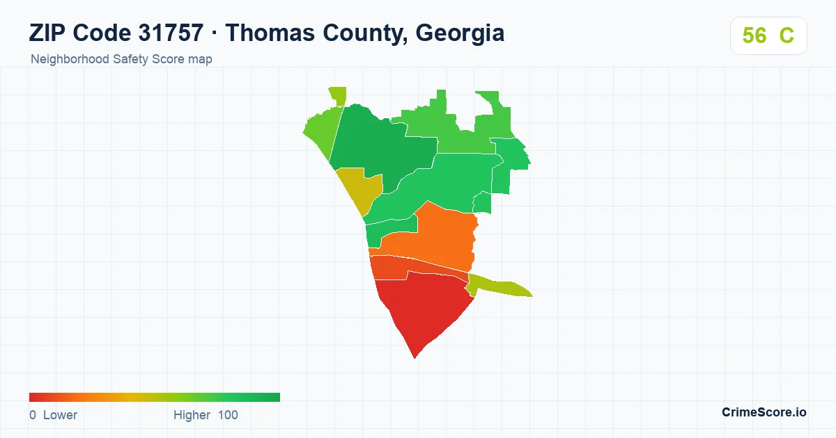 ZIP Code 31757 in Thomas County, Georgia neighborhood Safety Score map