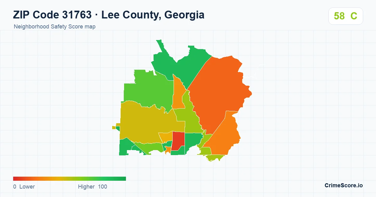 ZIP Code 31763 in Lee County, Georgia neighborhood Safety Score map