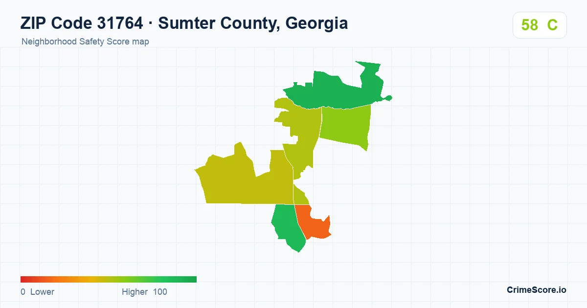 ZIP Code 31764 in Sumter County, Georgia neighborhood Safety Score map