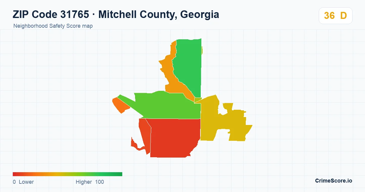 ZIP Code 31765 in Mitchell County, Georgia neighborhood Safety Score map