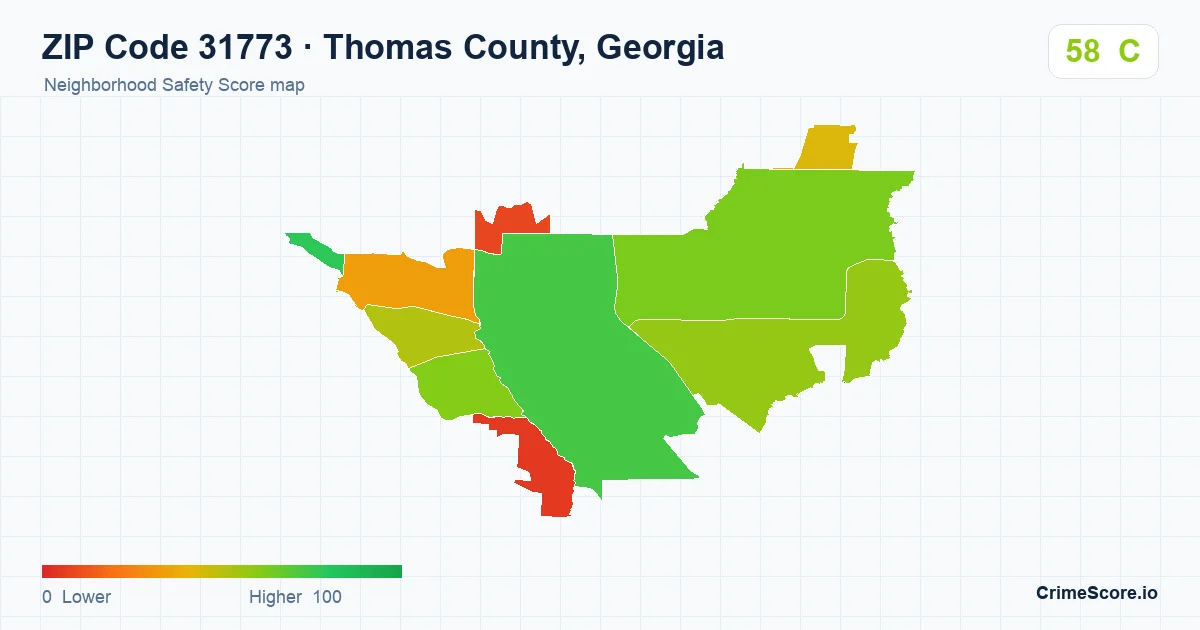 ZIP Code 31773 in Thomas County, Georgia neighborhood Safety Score map