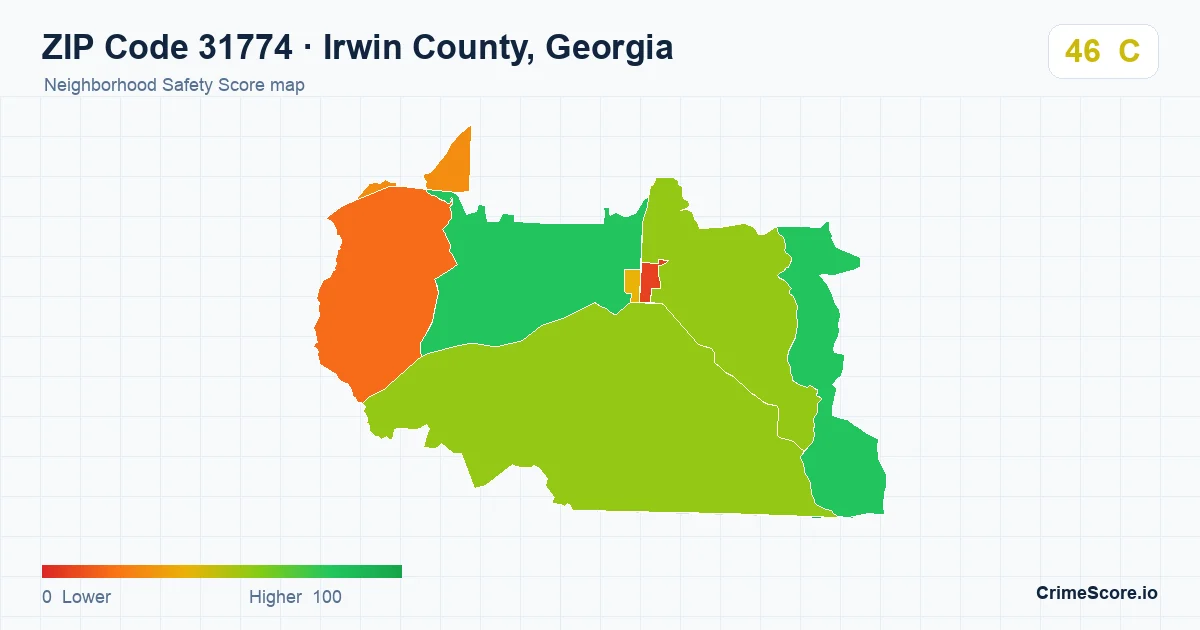 ZIP Code 31774 in Irwin County, Georgia neighborhood Safety Score map