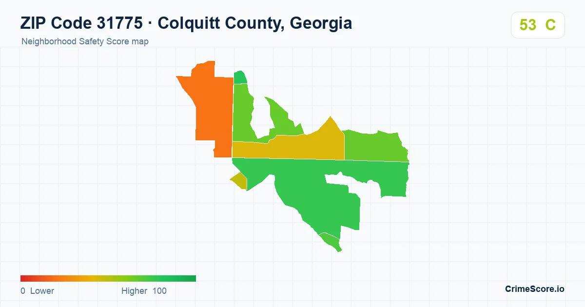 ZIP Code 31775 in Colquitt County, Georgia neighborhood Safety Score map