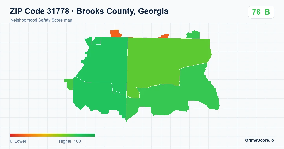 ZIP Code 31778 in Brooks County, Georgia neighborhood Safety Score map