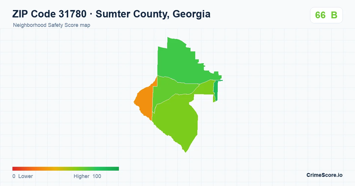 ZIP Code 31780 in Sumter County, Georgia neighborhood Safety Score map