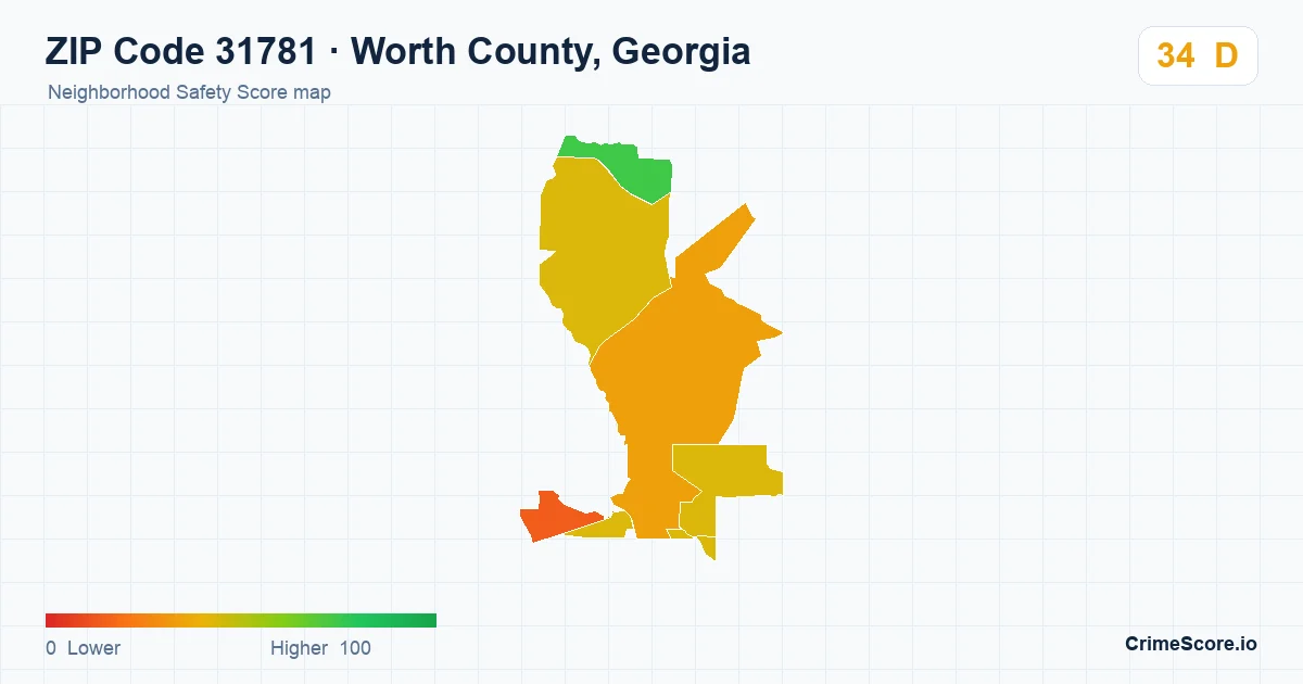 ZIP Code 31781 in Worth County, Georgia neighborhood Safety Score map