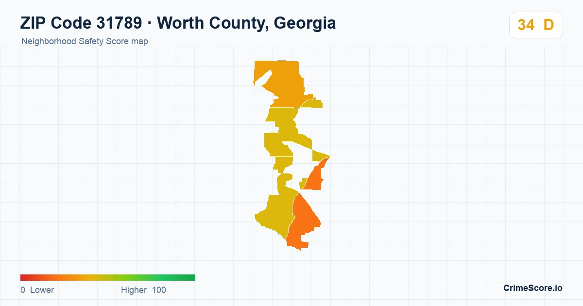 ZIP Code 31789 in Worth County, Georgia neighborhood Safety Score map