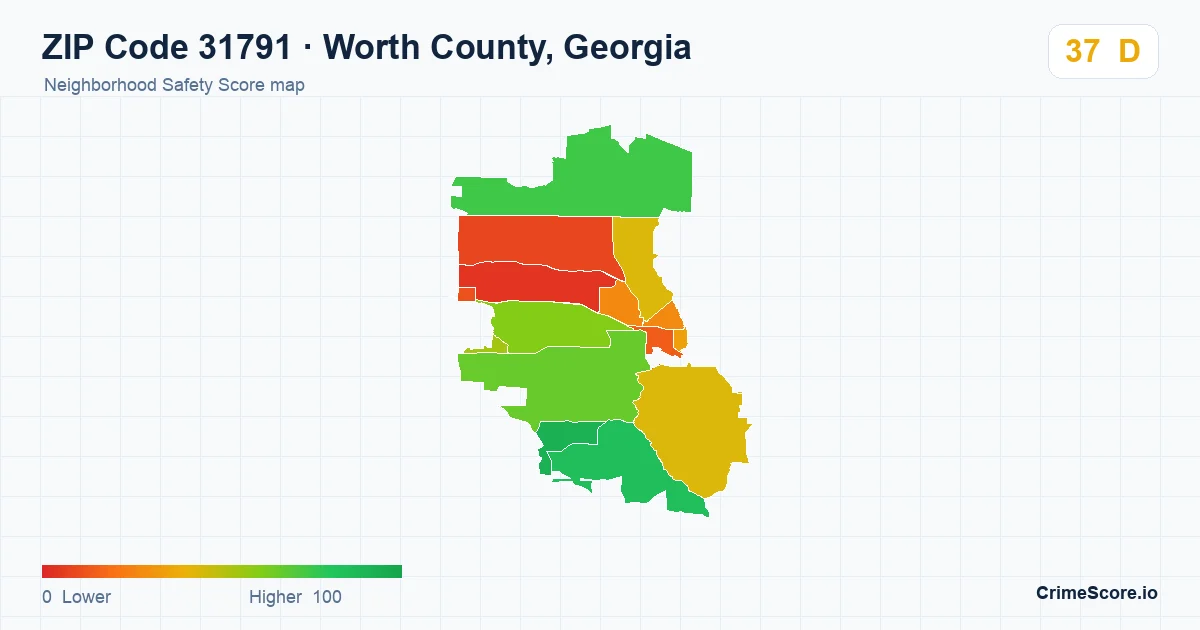 ZIP Code 31791 in Worth County, Georgia neighborhood Safety Score map