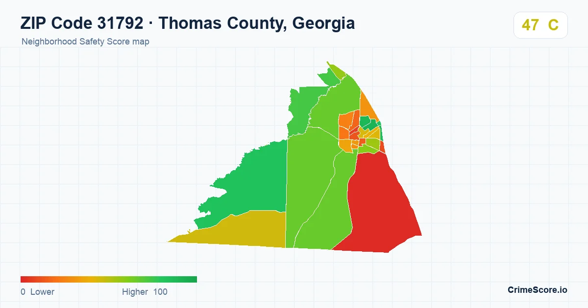 ZIP Code 31792 in Thomas County, Georgia neighborhood Safety Score map