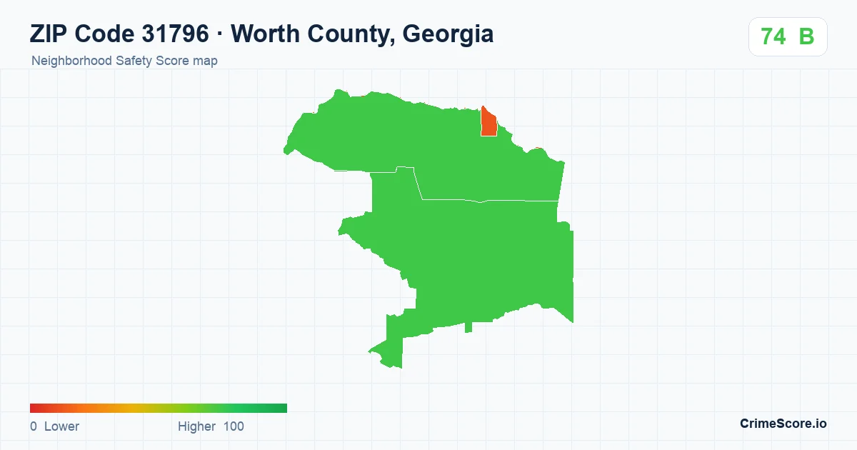 ZIP Code 31796 in Worth County, Georgia neighborhood Safety Score map
