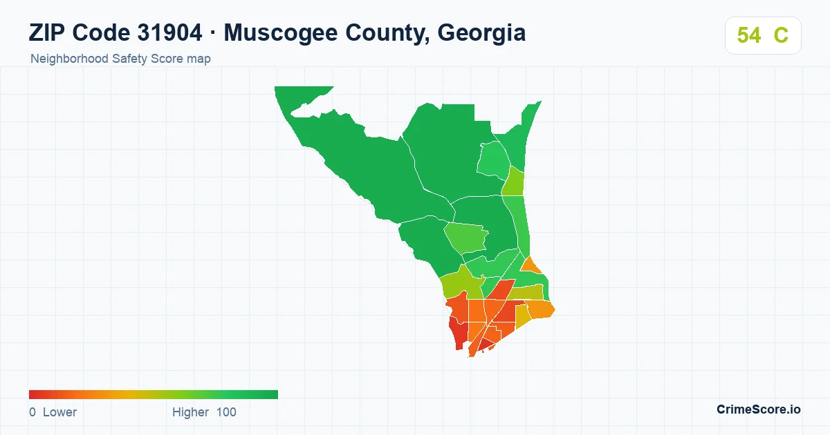 ZIP Code 31904 in Muscogee County, Georgia neighborhood Safety Score map