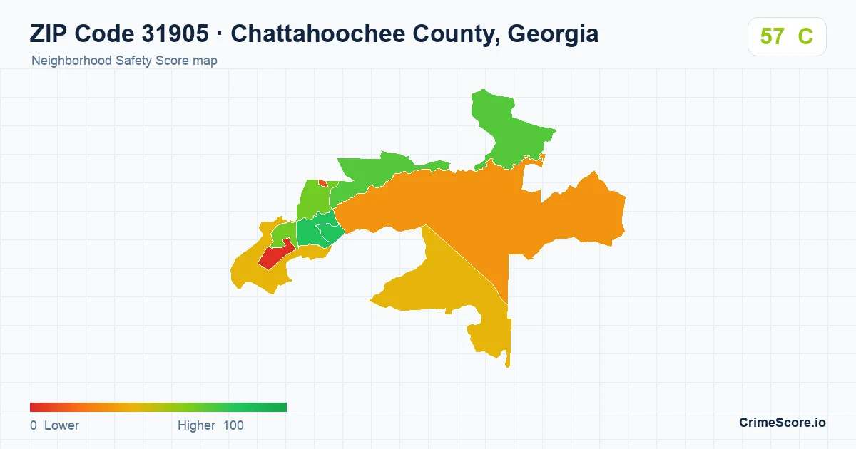 ZIP Code 31905 in Chattahoochee County, Georgia neighborhood Safety Score map