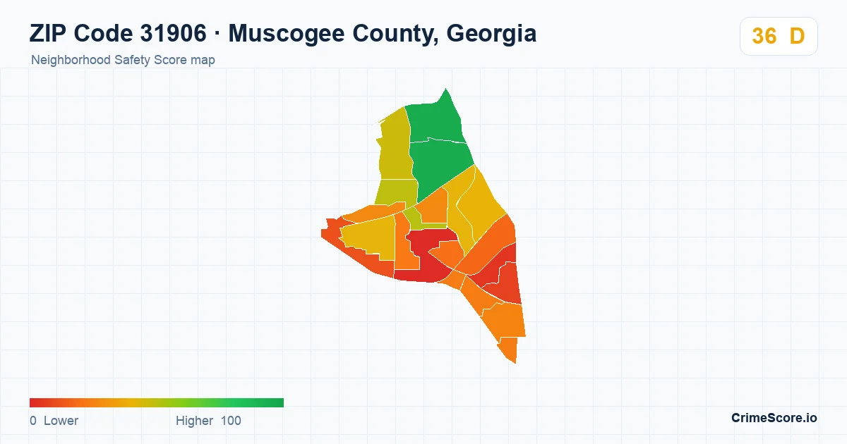 ZIP Code 31906 in Muscogee County, Georgia neighborhood Safety Score map