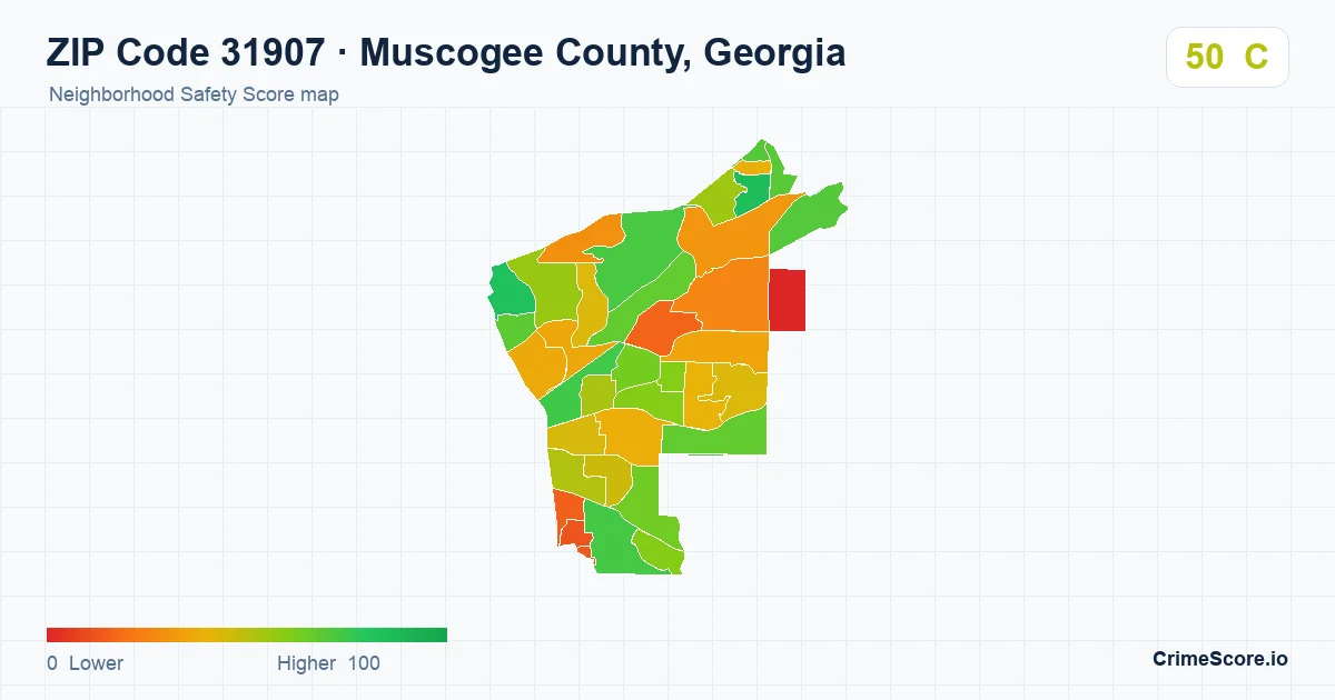 ZIP Code 31907 in Muscogee County, Georgia neighborhood Safety Score map