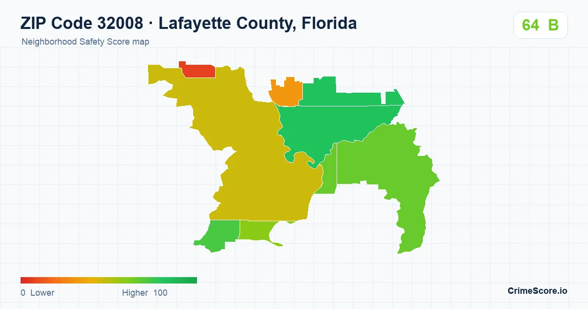 ZIP Code 32008 in Lafayette County, Florida neighborhood Safety Score map