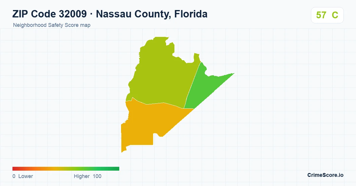 ZIP Code 32009 in Nassau County, Florida neighborhood Safety Score map