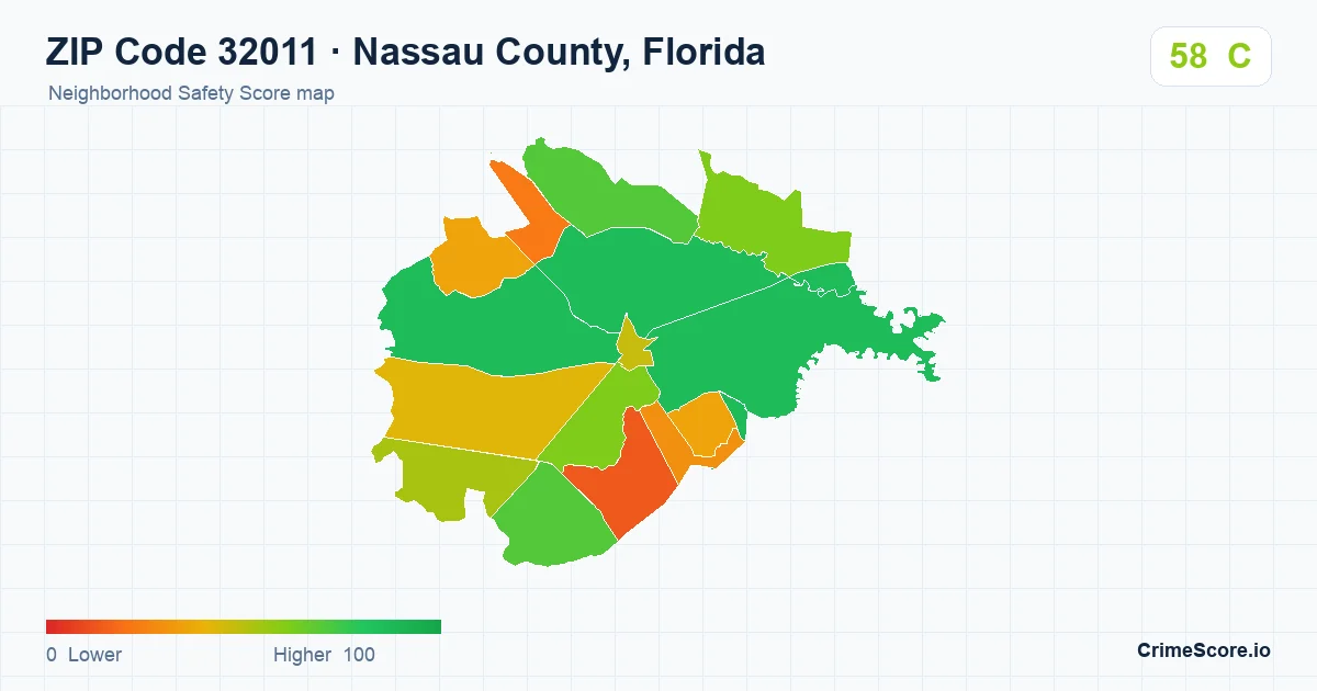 ZIP Code 32011 in Nassau County, Florida neighborhood Safety Score map