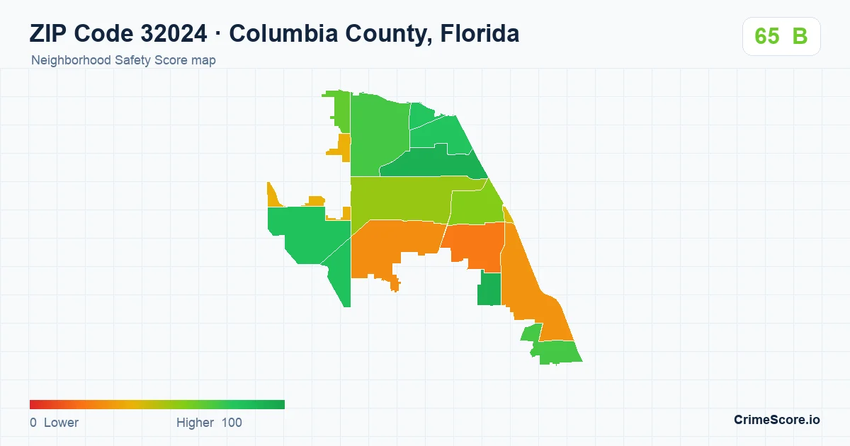 ZIP Code 32024 in Columbia County, Florida neighborhood Safety Score map